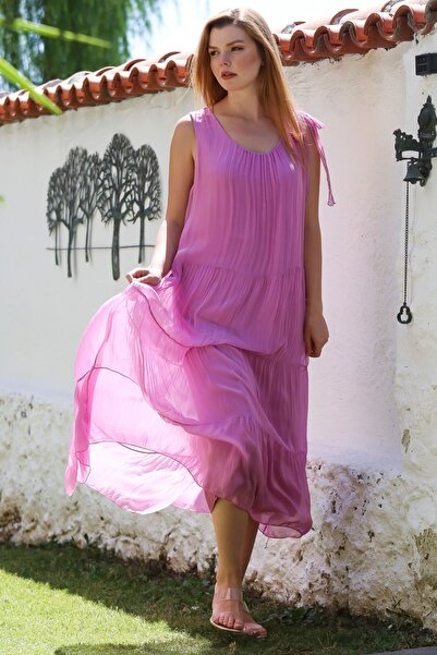 Chiccy Italian Lavender Pink Pool Collar Sleeveless Tie-Up Lined Casual Silk Woven Dress 130 65