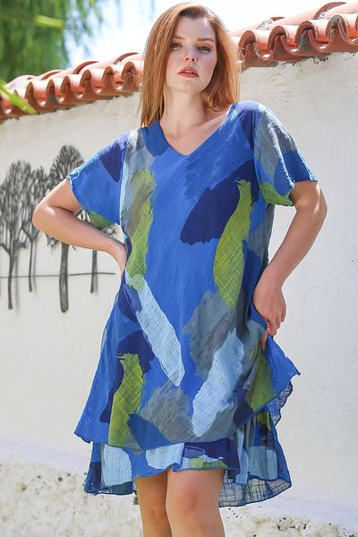 Chiccy Italian Blue V-Neck Short Sleeve Patterned Lined Casual Linen Look Woven Dress 96 64