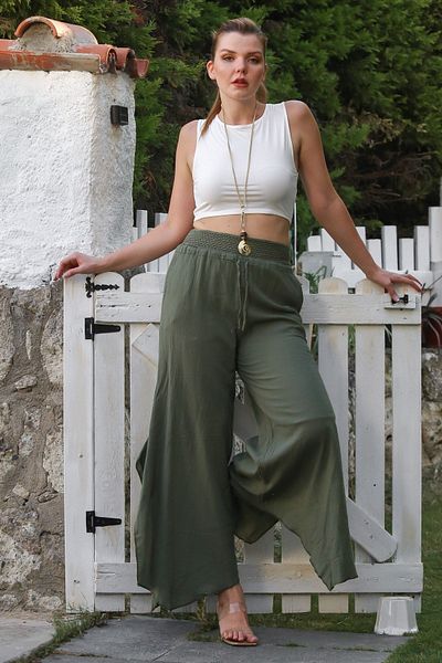 Chiccy Khaki Lined Washed Elastic and Tie Waist Wide Leg Casual Woven Trousers 108 64