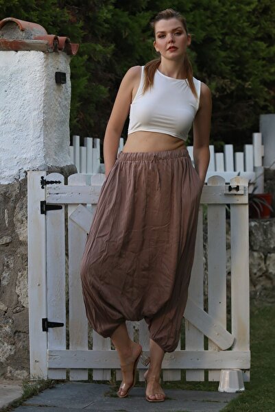 Chiccy Mink Washed Elastic Waist Baggy Leg Casual Crinkle Woven Trousers 95 80