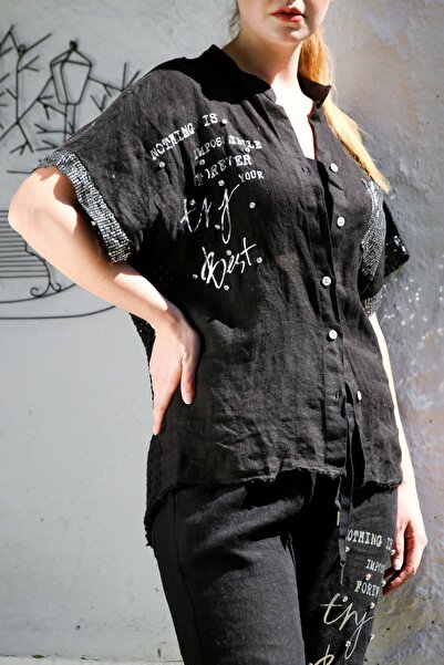 Chiccy Italian Black Judge Collar Low Sleeve Button Pocket Sequin Sequin Linen Woven Suit 70-100 65-65