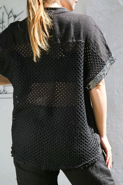 Chiccy Italian Black Judge Collar Low Sleeve Button Pocket Sequin Sequin Linen Woven Suit 70-100 65-65