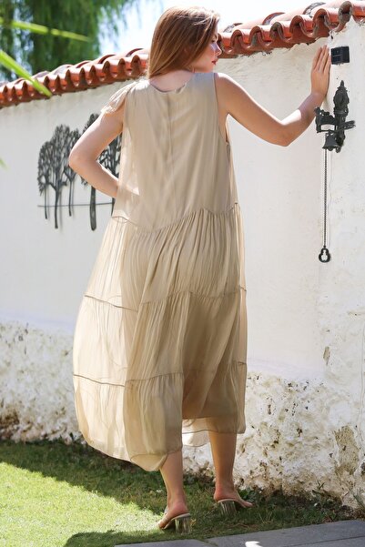 Chiccy Ιταλικό μπεζ γιακά πισίνας Αμάνικο φόρεμα με δεμένη επένδυση casual μεταξωτό υφαντό φόρεμα 130 65