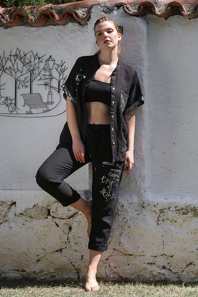 Chiccy Italian Black Judge Collar Low Sleeve Button Pocket Sequin Sequin Linen Woven Suit 70-100 65-65