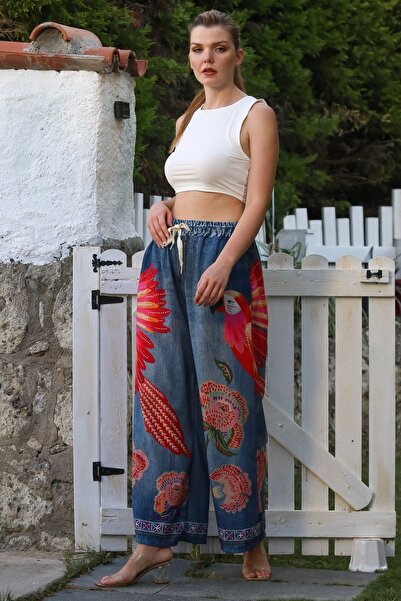 Chiccy İtalyan Jean Mavisi Dijital Baskılı Lastikli Ve Bağlamalı Bel Bol Paça Dokuma Pantolon 102 66