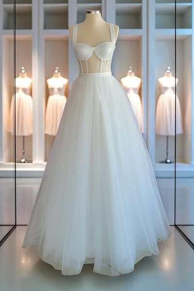 FİYPER Rochie de seară și rochie de nuntă din tul transparent, lungime maxi