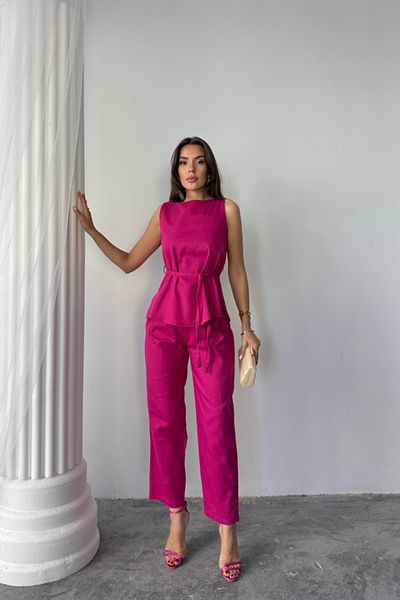 modamtn Linen Bluz - Pant Suit Massimo Modelscreat Fabric - Fuchsia