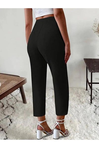 LONCA Women's High Waist Front Zipper Black Crepe Fabric Pantalon