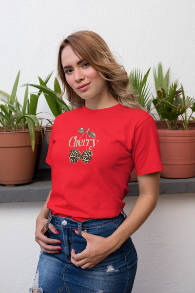 Butik Leopard Cherry Print / Γυναικείο πολύχρωμο T-Shirt 100% Βαμβάκι Κανονικ...