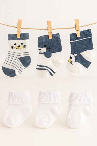 mini mia Bebitof 6-Piece Baby Boy Socks Set – 3 Pairs Patterned and 3 Pairs Plain White Cotton and Comfortable