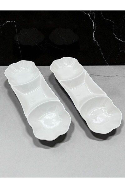 ALCE 2'li Seramik Çerezlik Meze Tabağı Kahvaltılık Reçellik 3Bölmeli