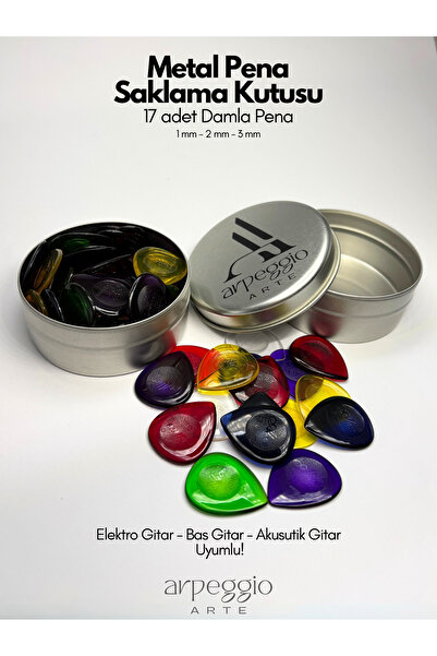arpeggio ARTE Metal Saklama Kutulu 17’li Damla Gitar Pena Seti '1mm, 2mm, 3mm'Elektro, Bas ve Akustik Gitar Uyumlu