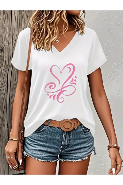 FUFLUNS Design Heart Printed Women's Oversize V-Neck T-Shirt