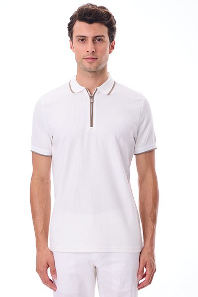 RAVANELLI Men's Zippered Stripe Detailed Polo Neck T-Shirt - Alba