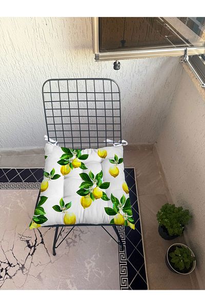 yok yok evim eve dair her şey 9-Piece Bordured Lemon Patterned Fluffy Living Room Balcony Garden Kitchen Chair Cushion