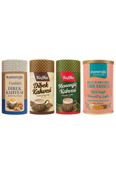 Hepyek Kaffka & Şekeroğlu Mixed Turkish Coffee Set – (Dibek, Menengiç, Hazelnut, Cardamom, and Mastic)