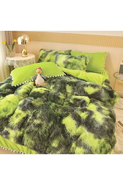 OEM Lenjerie De Pat Pufoasa FLUFFY - Verde/Gri Cu Ciucuri