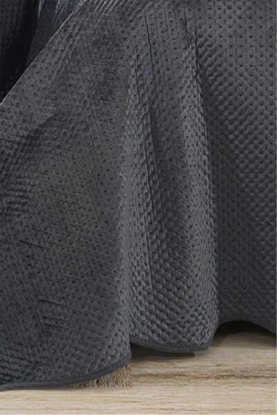 Çeyiz Diyarı Askana Çift Kişilik Lüks Kadife Yatak Örtüsü Antrasit