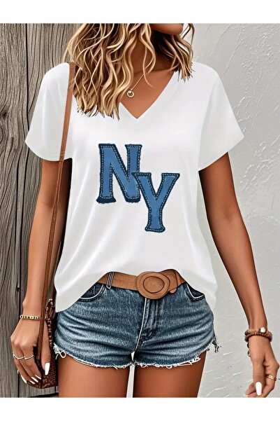 FUFLUNS تي شيرت نسائي كبير الحجم برقبة على شكل حرف V مطبوع من DENİM NY