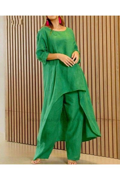 SoSoStyle Women's Long Sleeve Boat Neck Detail Tunic and Trousers Double Set