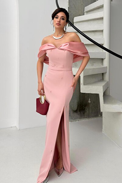 Serica Moda Βραδινό φόρεμα με λαιμόκοψη σε σκόνη με μαργαριτάρι