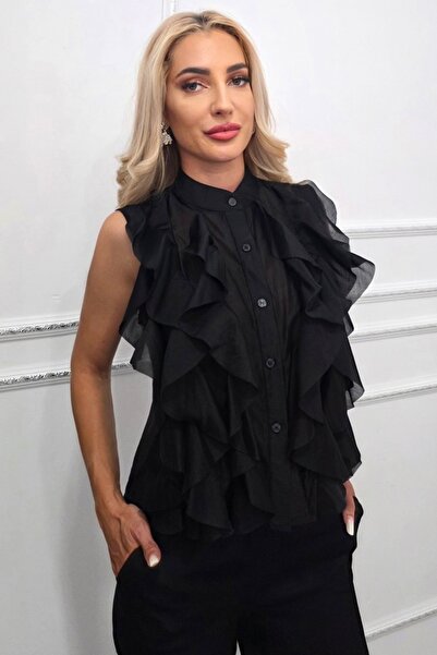 FashionForYou Office shirt with ruffles, made of lyocell NIVA, Black