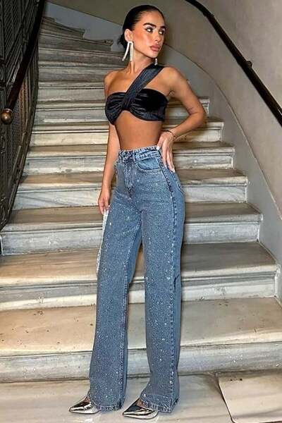 FashionForYou Blugi dama Stone Crystal, croiala wide leg cu elastan si paiete, Albastru deschis