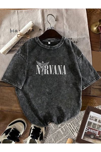 Touz Moda Νίρβανα Εκτυπωμένο Πλυτό Vintage Unisex Oversized T-Shirt