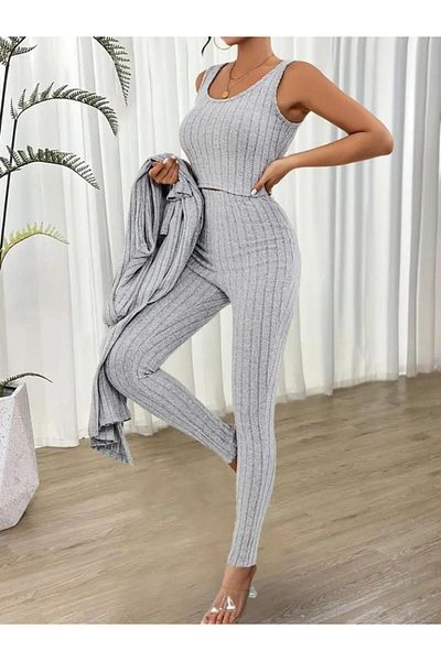 modamtn Women's Round Neck Strap Crop Blouse High Waist Leggings and Long Cardigan Shardonlu Camisole Three-Piece Suit