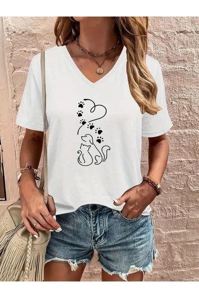 FUFLUNS تي شيرت نسائي كبير الحجم برقبة على شكل حرف V مطبوع عليه CAT&DOG