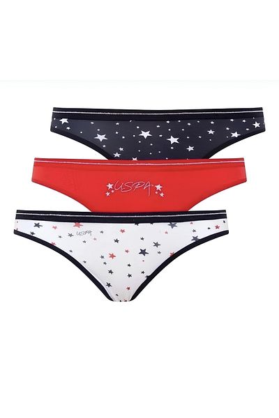 U.S. Polo Assn. Women's 3-Piece Slip Panties Set - Navy Blue Red White Star Patterned