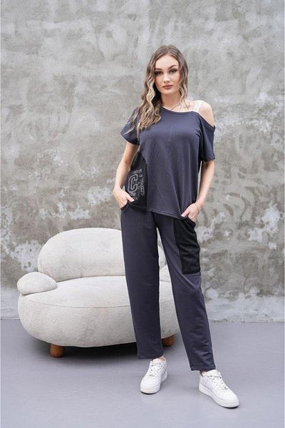 modamtn Women's Boat Neck Print Detail Loose Blouse and High Waist Trousers Double Set