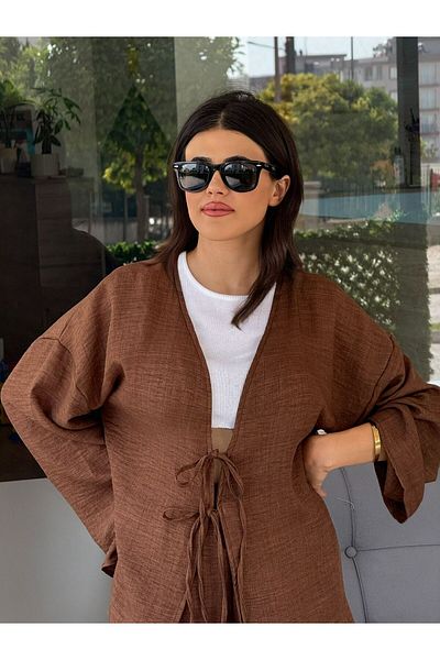 ENDAMIM طقم بنطلون من الكتان بحزامين وجيب