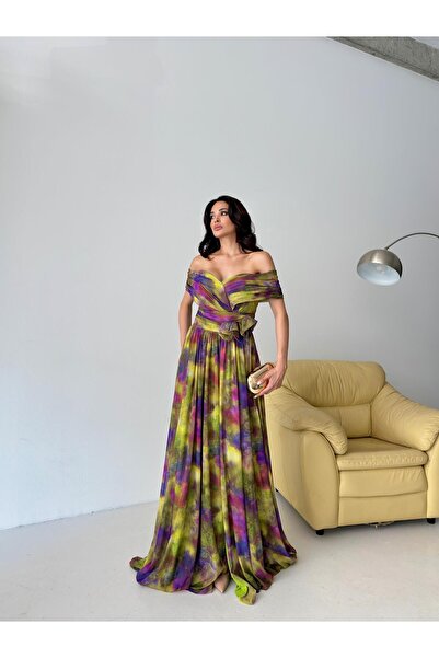 Serica Moda Βραδινό φόρεμα από τούλι με μοτίβο πράσινο καγιάκ