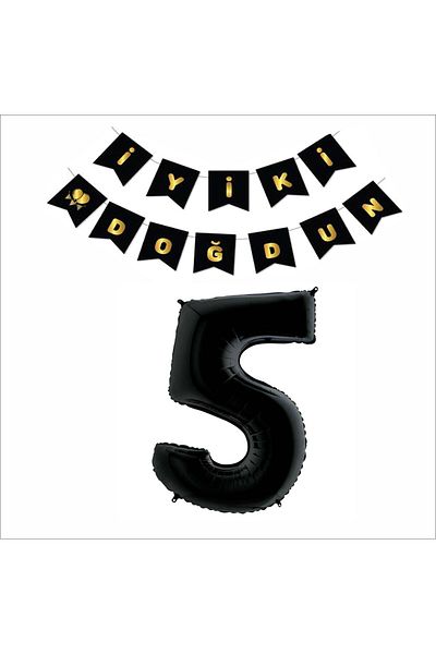 ZENVİVA 5 Years Old Black Foil Balloon + Black Gold Banner