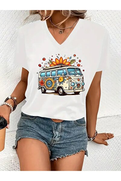 FUFLUNS تي شيرت نسائي كبير الحجم برقبة على شكل حرف V مطبوع عليه RETRO BUS