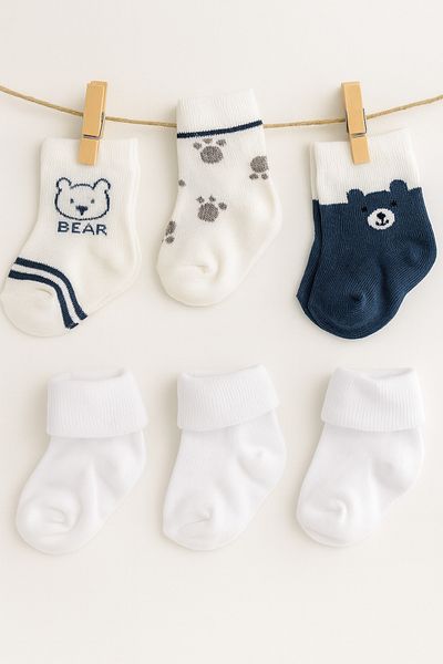 mini mia Set of 6 Baby Boy Socks – Teddy Bear and Paw Pattern |   Navy Blue & White |   Cotton