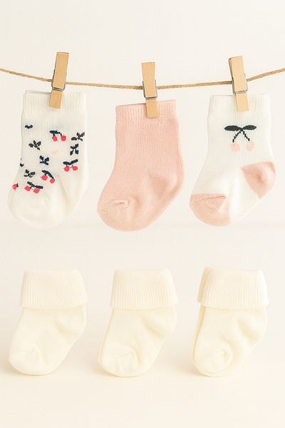 mini mia Set of 6 Baby Girl Socks – 3 Pairs Patterned and 3 Pairs Plain Cream |   Cotton, Breathable and Soft Structure