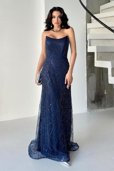 Serica Moda Синя сукня з бісерною вишивкою та паєтками, без бретелей