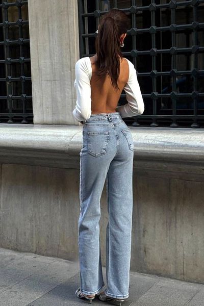 FashionForYou Blugi de damă Stone Crystal, croială largă cu elastan și paiete, albastru zăpadă, 34