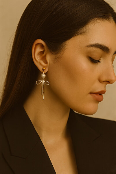 Lu Atelier Noé Gold Bow Detailed Pearl Look Earrings – Elegant and Modern Design