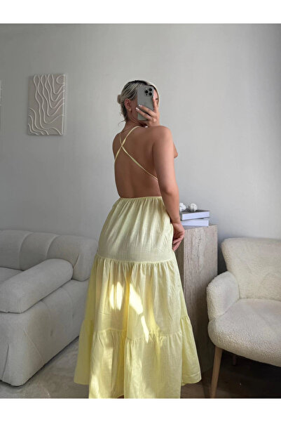 Zora Butik Askılı Sırt Çapraz Salaş Elbise - SARI