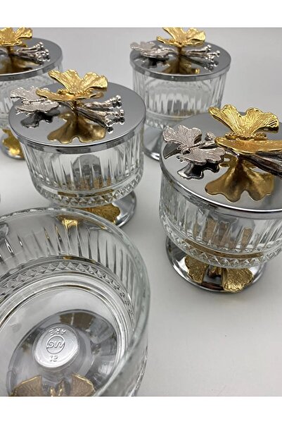 Fiyakalı Ürünler Atölyesi 6-Piece Elysia Glass Magnolia Bowl with Feet, Butterfly Lid Ice Cream Bowl, Sugar Bowl, Snack Bowl