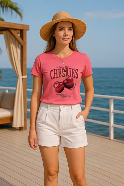 Fifty Color Unisex γυναικεία CHERRIES, Προσαρμοσμένη εκτύπωση, Κανονική κοπή, Βαμβακερή, Περιστασιακή λαιμόκοψη, Μπλουζάκι