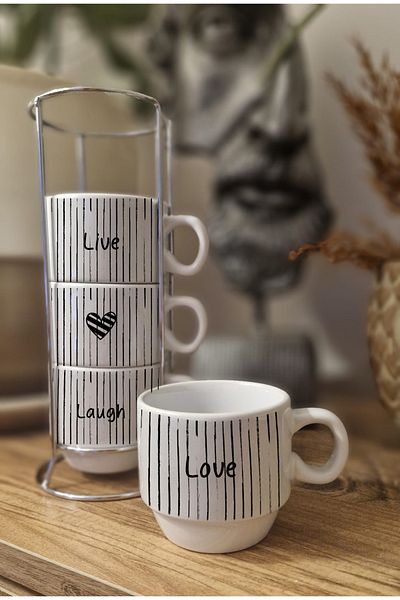 DİLAHOME Liora Live Love Laugh Porcelain Mug Set of 4 |   Striped Modern Design with Stand
