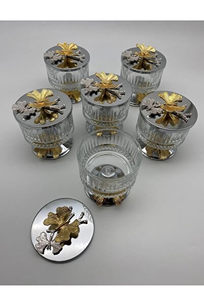 Fiyakalı Ürünler Atölyesi 6-Piece Elysia Glass Magnolia Bowl with Feet, Butterfly Lid Ice Cream Bowl, Sugar Bowl, Snack Bowl