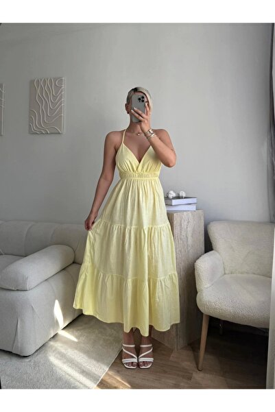 Zora Butik Askılı Sırt Çapraz Salaş Elbise - SARI