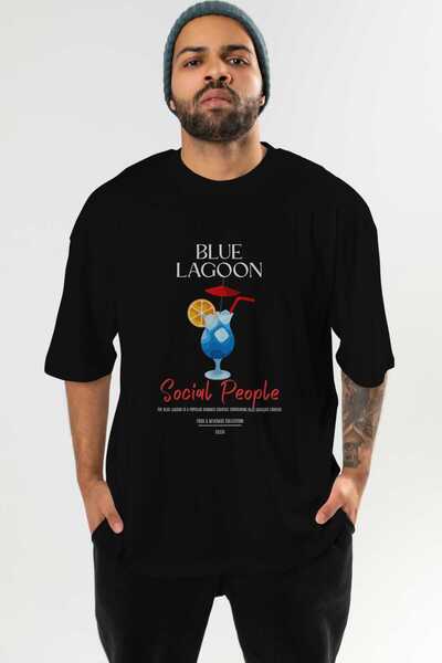 Ankhises Blue Lagoon Cocktail Tricou negru supradimensionat cu imprimeu în fa...