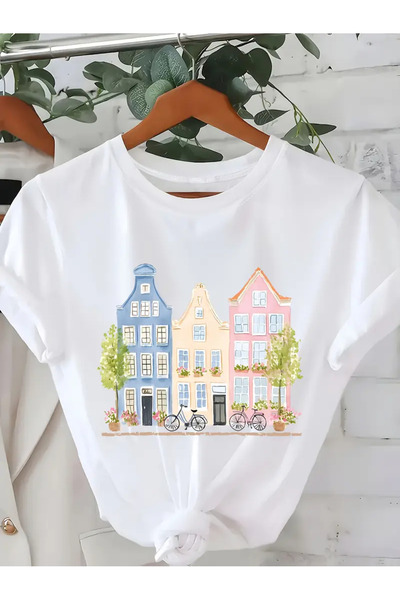 İSMTEXS تي شيرت من القطن الممشط مطبوع عليه طابع Amsterdam Homes بأكمام قصيرة للجنسين من Zero Collar