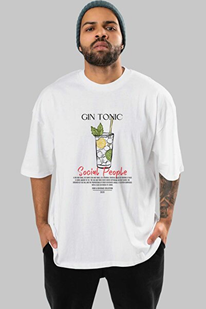 Ankhises Tricou Gin Tonic Cocktail cu imprimeu frontal, alb, supradimensionat...